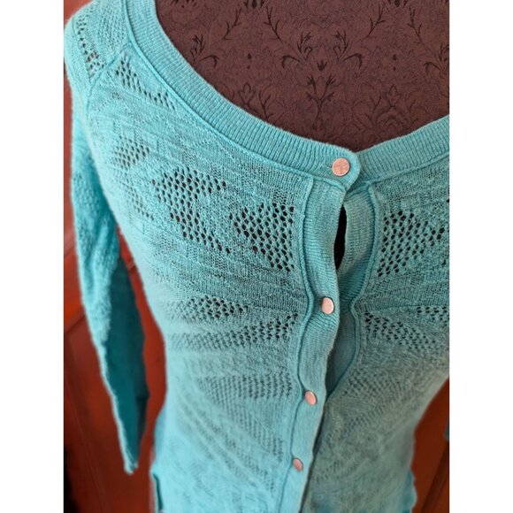 American Eagle Outfitters Womens Turquoise Knit Cardigan Sweater S/P Lightweight - Picture 3 of 7
